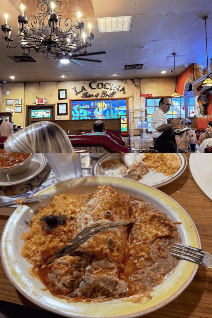 Beef burrito and the interior of La Cocina.