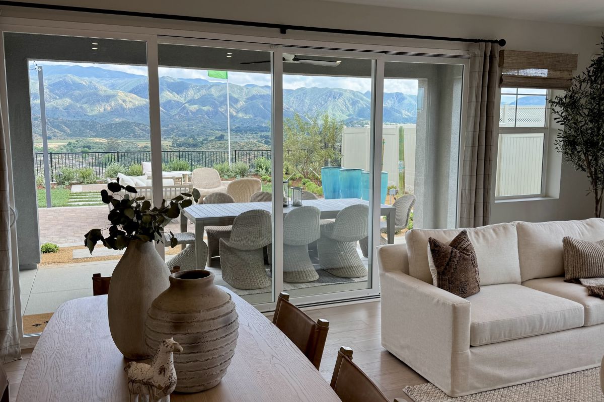 Mountain views as seen from inside a large open floorplan of a model home in the Pelona Hills neighborhood.