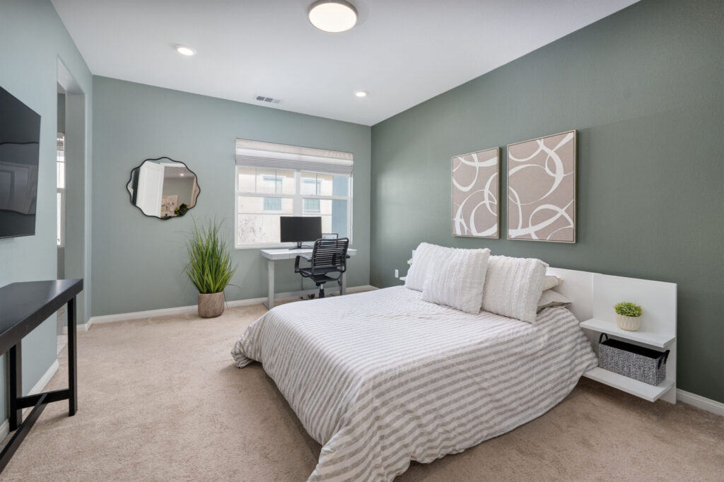 The primary Bedroom of a two bedroom model in Santa Clarita's River Village.